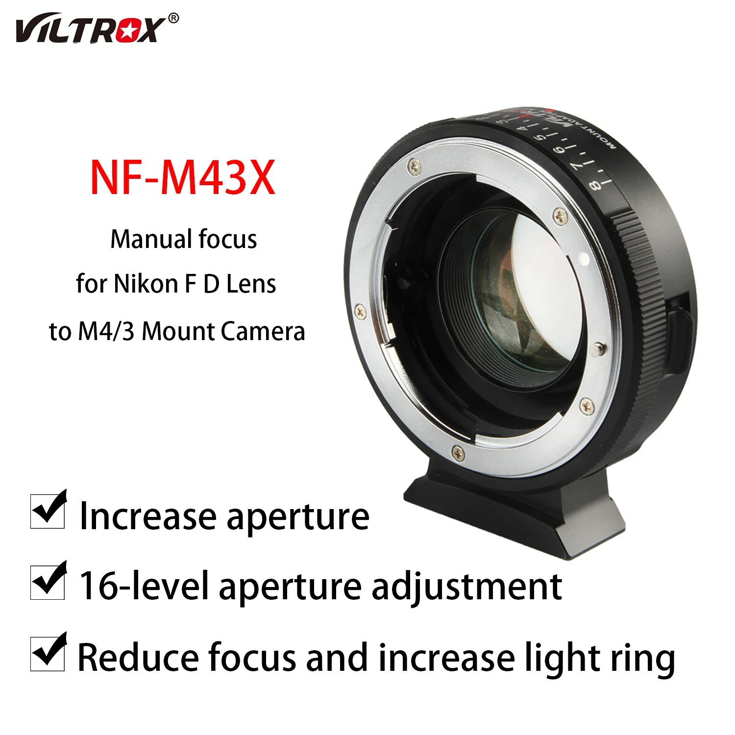 

Viltrox NF-M43X Focal Reducer Speed Booster Lens Adapter Ring Turbo Aperture For Nikon F Lens To M4/3 Mount Camera GH5 GH85 GF7
