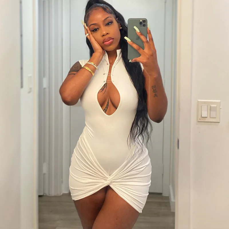 

Женское однотонное асимметричное облегающее платье с открытой грудью и воротником-стойкой без рукавов, модель 2023 года