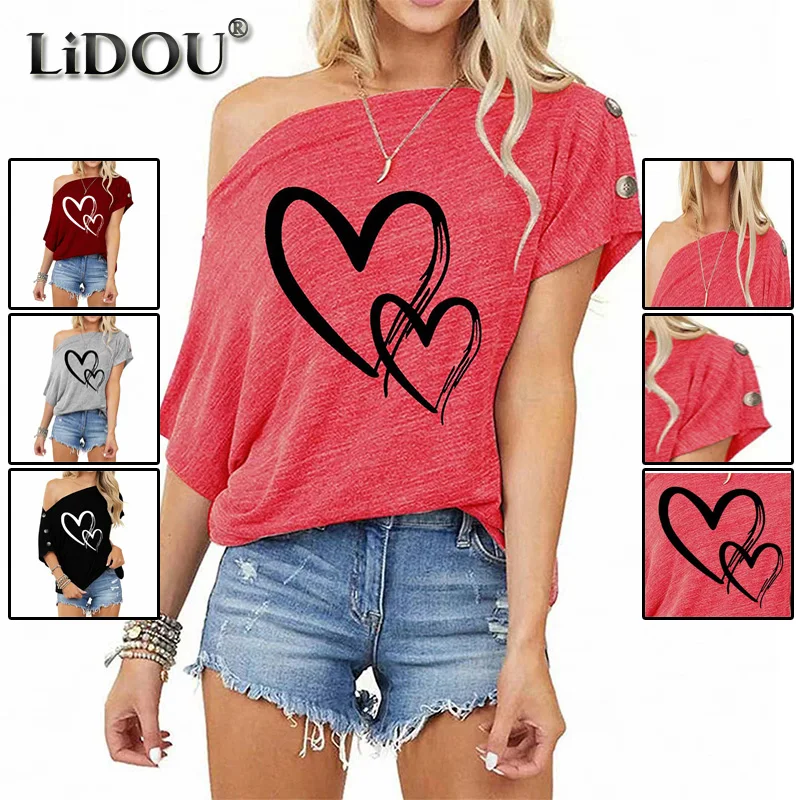 

Simplicity Love Heart Printing Sloping Shoulders Button Patchwork T-shirts with Short Sleeves Loose Casual Top Ropa De Mujer