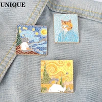 art oil painting enamel brooch fashion cat people autumn starry oil drop metal badge punk clothing accessories lapel pins gifts