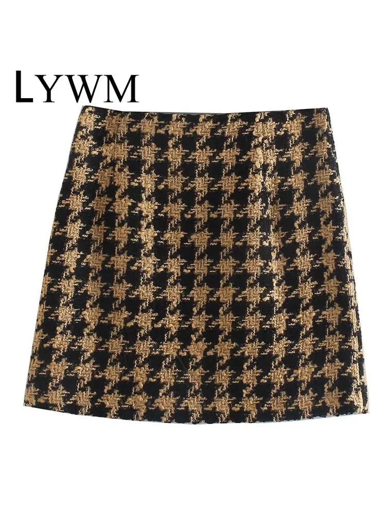 

LYWM Women Fashion Texture Plaid Side Zipper Mini Skirt Vintage High Waist Female Chic Lady Skirts Mujer Outfits