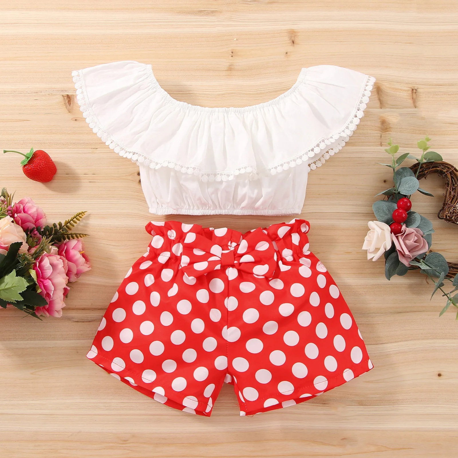

Newborn Baby Girl Set Off Shoulder Solid Color Top Polka Dot Print Shorts Toddler Outfits Summer Infant Clothes Suit