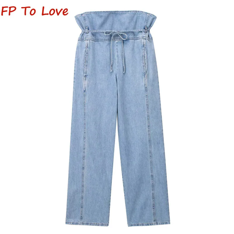 

OOTD 2023 Spring Summer Design Blue High Waist Tie Spice Style with Belt Pleated Jeans Loose Straight Trousers Women 8197264 406