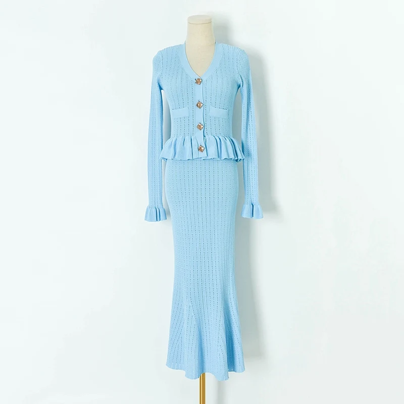 YuooMuoo Роскошное Вязаное Платье Макси Вечернее В Стиле Русалки С Подплечниками