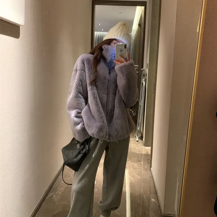 Rex rabbit fur autumn and winter jacket women Korean version ins loose stand collar fashion furry coat lazy warm zipper jackets