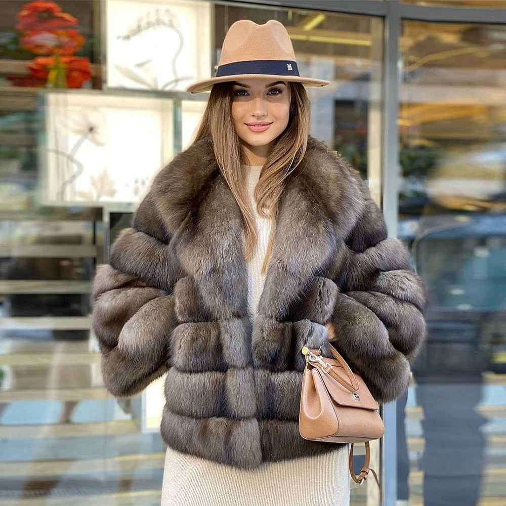 Woman Light Sable Color Natural Fox Fur Jacket Winter New Whole Skin Genuine Fox Fur Coats Mid-length Casual Fur Overcoats