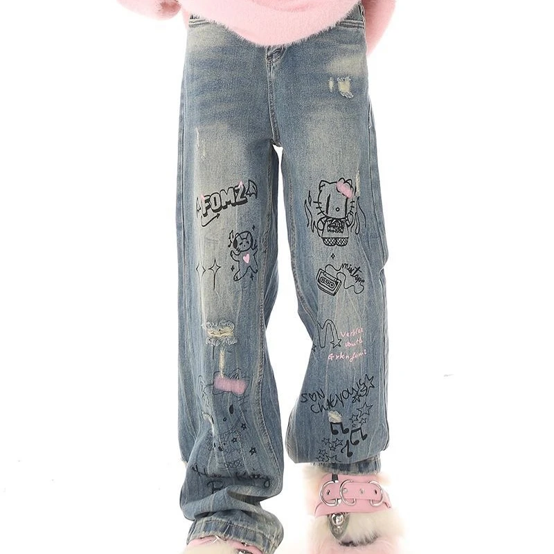 Джинсы с принтом Hello Kitty Kuromi для школьниц граффити американский прямой дизайн