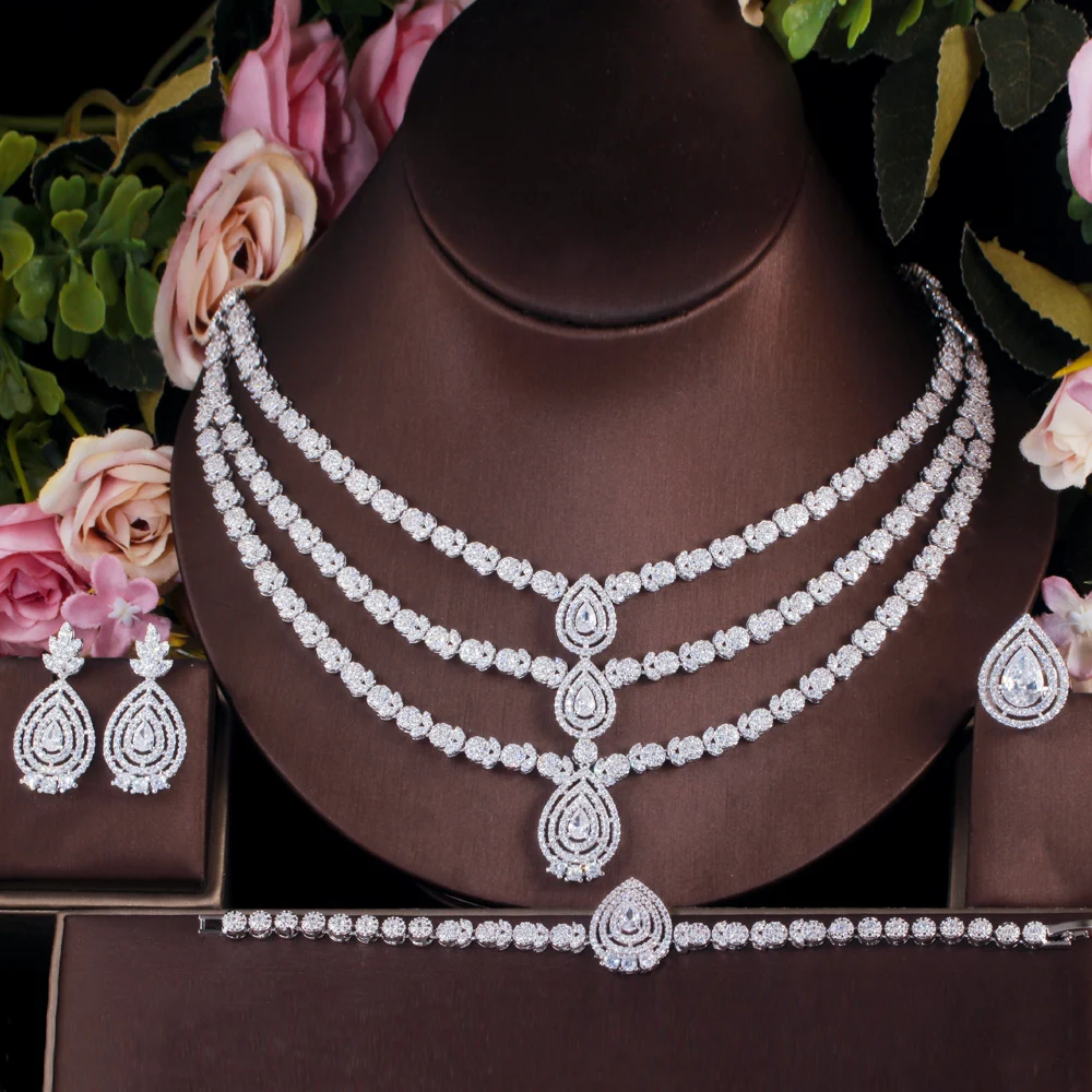 

ThreeGraces Luxurious Shiny White Cubic Zirconia 3 Layers Nigerian Bridal Wedding Party Jewelry Set for Brides Accessories TZ583