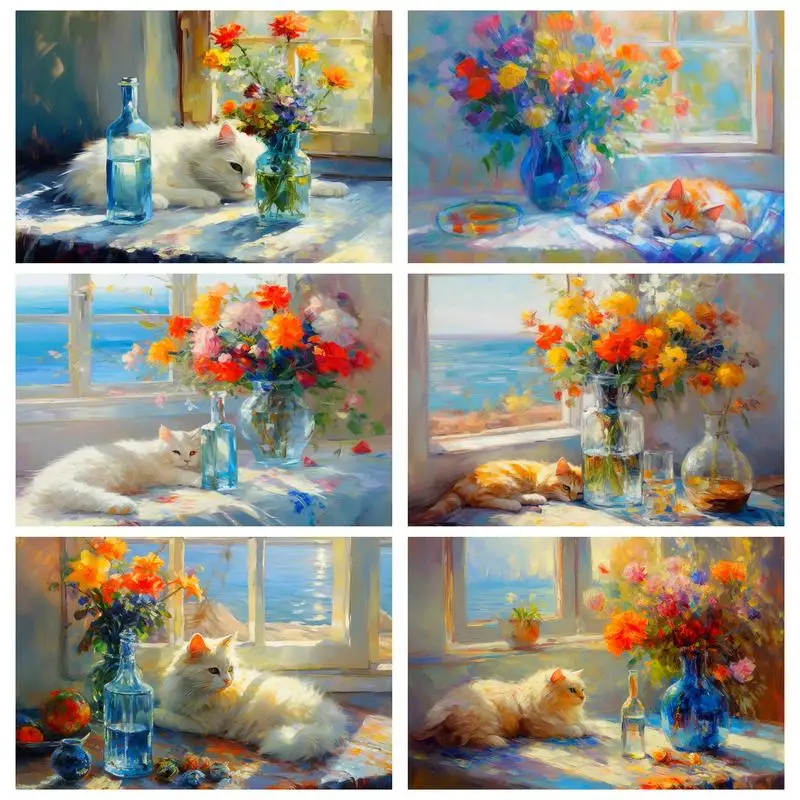 

RUOPOTY Painting By Numbers For Adults Kits Window vase and cat Paintings On Number Handicraft Handiwork Art