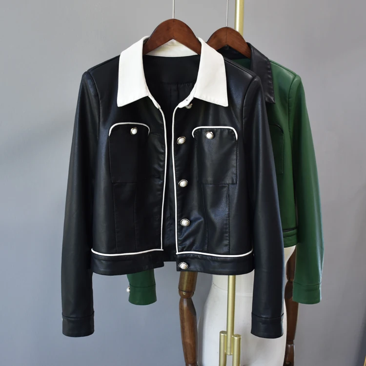 KoHuiJoo Leather Jacket Women Oversize New Autumn Turn Down Color Contrast Pocket Design Green PU Leather Short Coats for Ladies