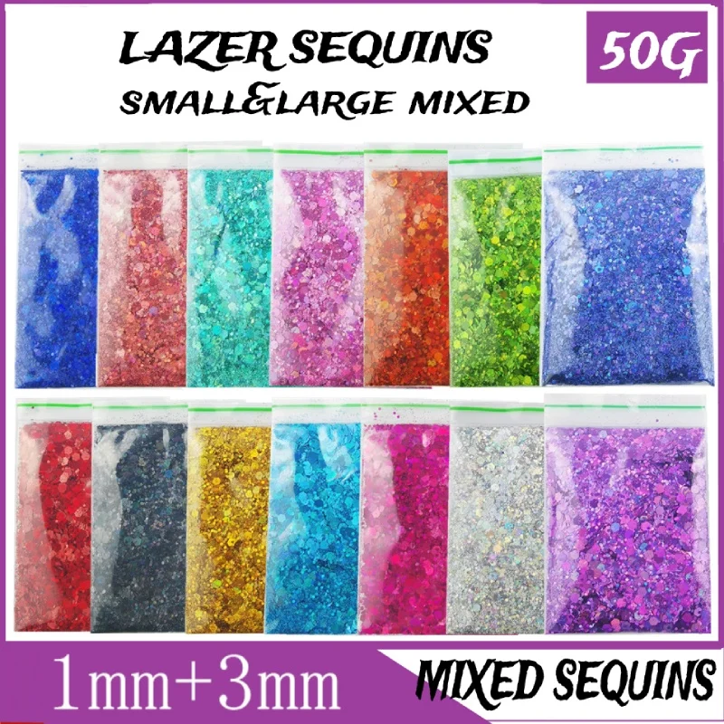 

50g Mixed Lazer Sequins Hexagon Mixed Size Laser Nail Art Glitter Sequin Epoxy Resin DIY Filler(0.2/1/3mm)