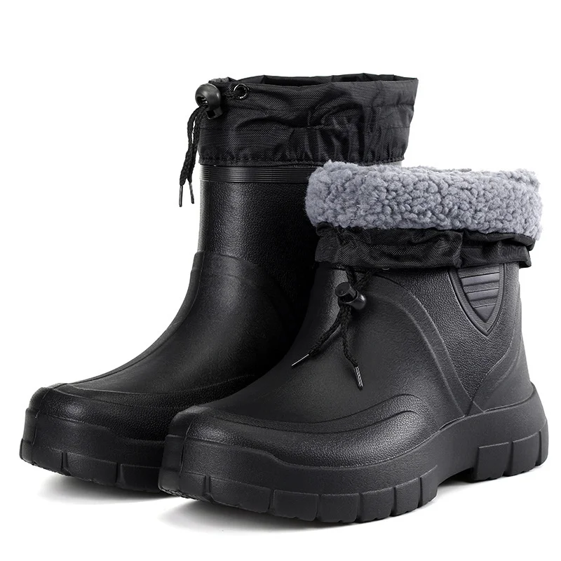 

2023 Winter Windproof Cotton Rain Boots Men Warm Light Ankle Rainboots Fashion Black Slip on Rain Shoes Men Waterproof Work Boot