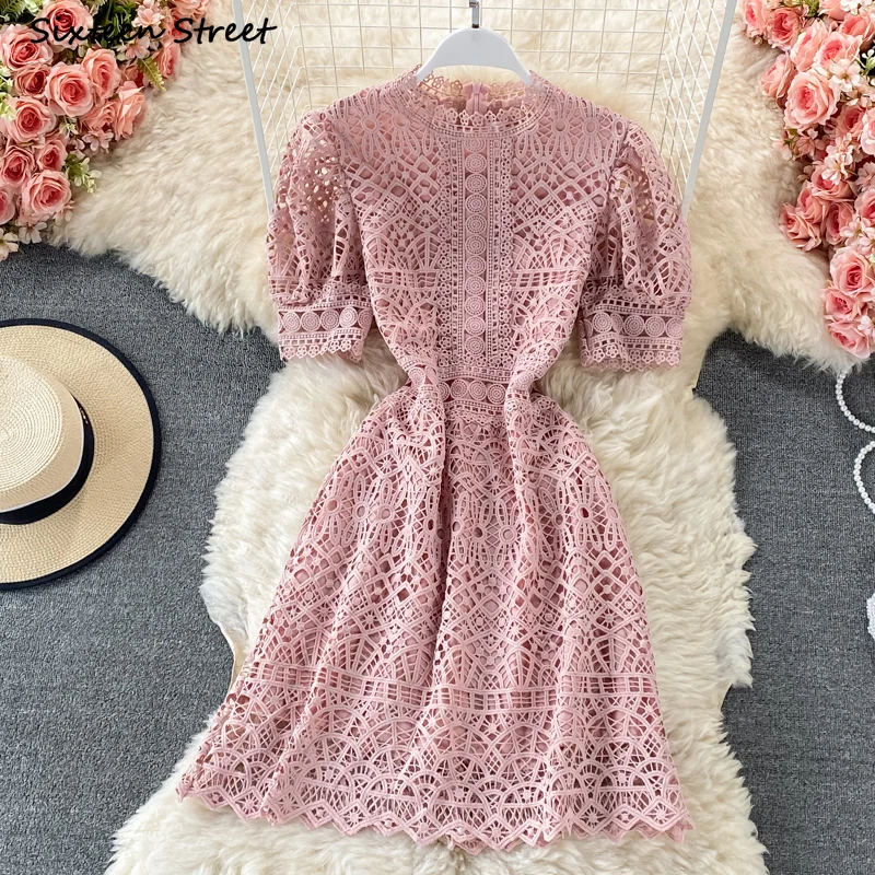 Pink Lace Woman's Dress Sweet O-neck Knee-length Mid Dress Bodycon Woman Short-sleeve Party Dress for Woman New Summer