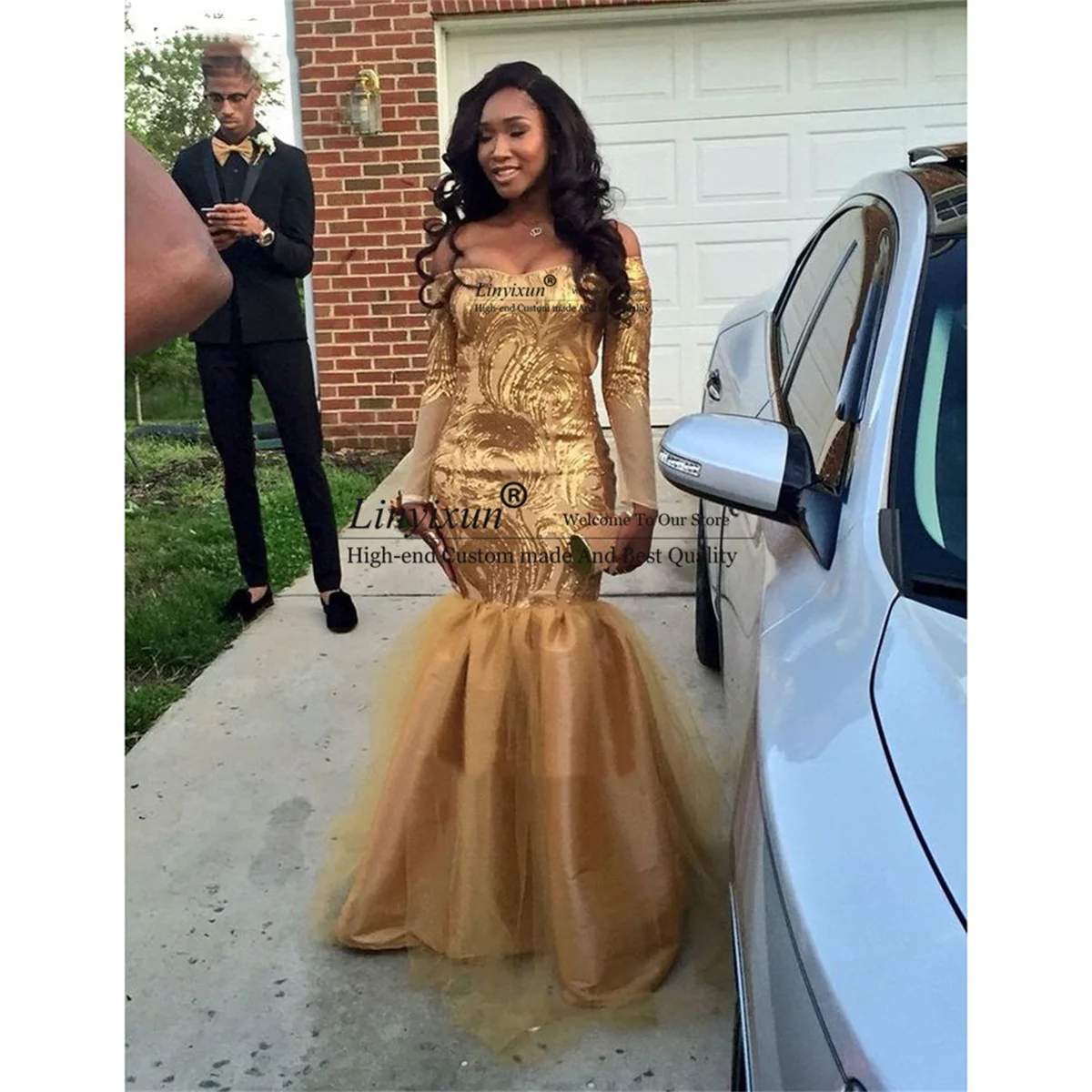 

Gold Sequin Lace Mermaid Prom Dresses Off The Shoulder Long Sleeves Organza Trumpet Evening Party Gown Elegant Vestidos De Gala