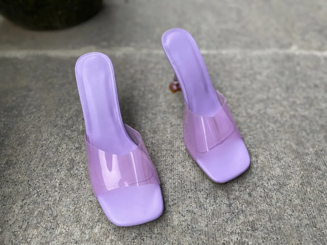 Slippers Women's Summer Transparent Crystal Heel  New Fashion Wine Glass Heel Square Toe Fashion Sandals Large Size Candy Color
