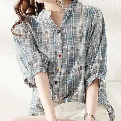 Summer new short-sleeved plaid shirt 2021 fashion  loose cotton linen shirt women's top  vintage top  tops mujer