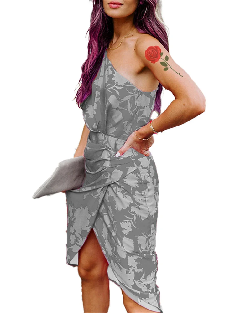 

New Summer 2022 One Shoulder Backless Irregular Dress Lady Elegant Solid Split Dress Women Spring Skew Collar Ruched Party Dress