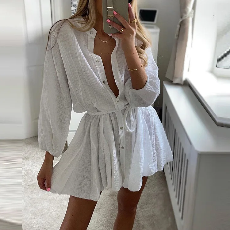 Sexy Pleated Women's Mini Dress Temperament Sexy Solid Color Lace Up Button Ruffle Dress 2022 Summer Ladies Party Club Vestidos