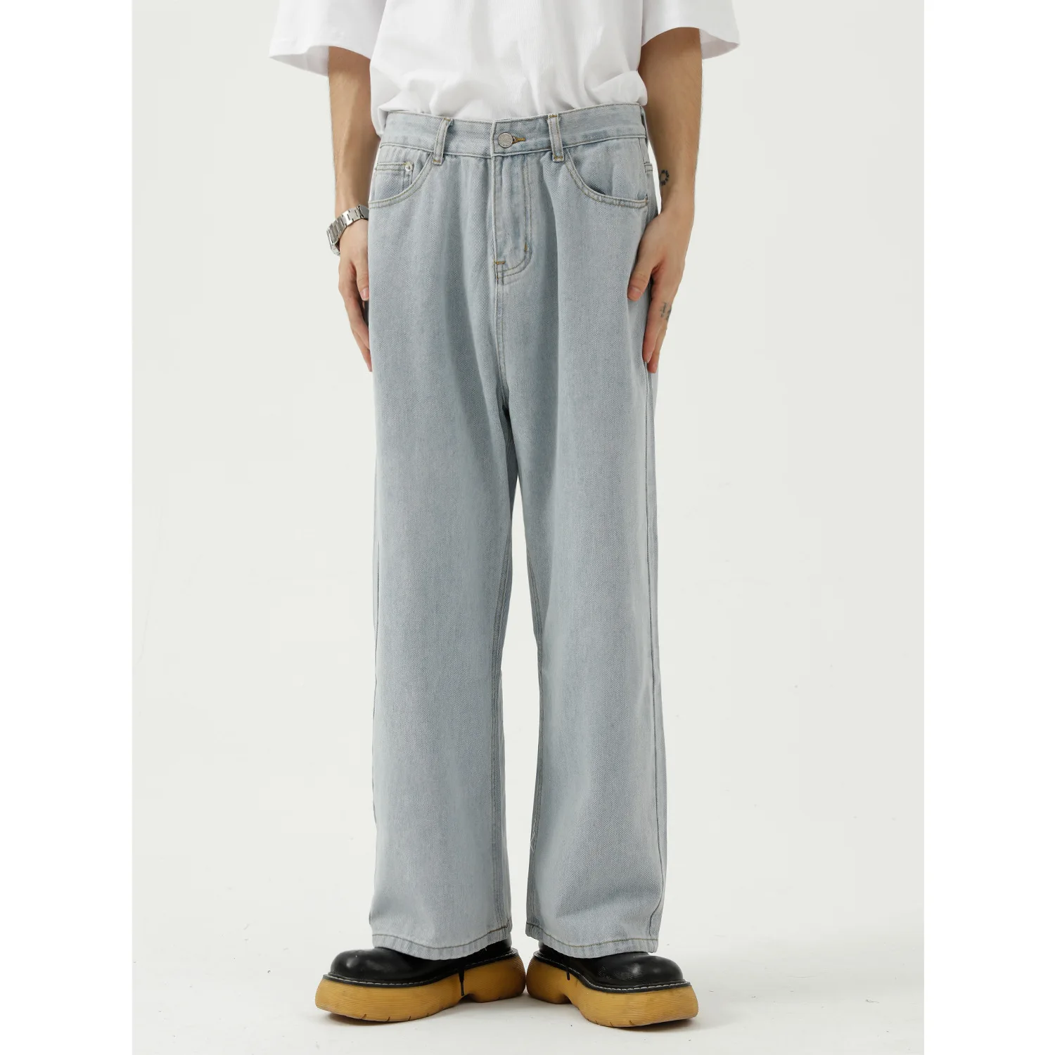 

Джинсы мужские свободного покроя, простые однотонные брюки из денима с эффектом потертости, в Корейском стиле