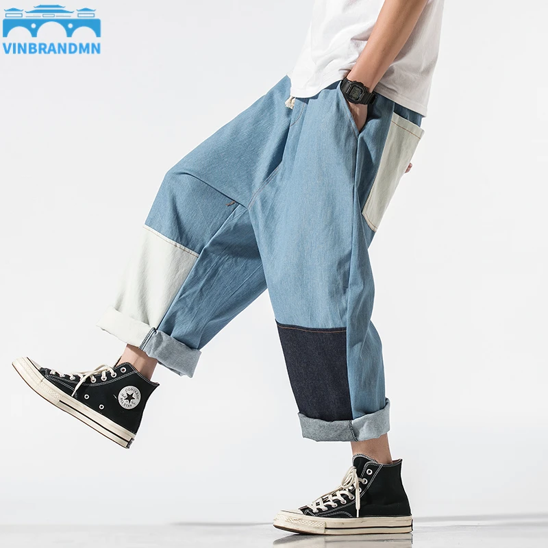 

Джинсы Vinbrandmn мужские до щиколотки, уличная одежда, повседневные брюки из джинсовой ткани в японском стиле, модные штаны для бега, большие размеры 5XL, 2020