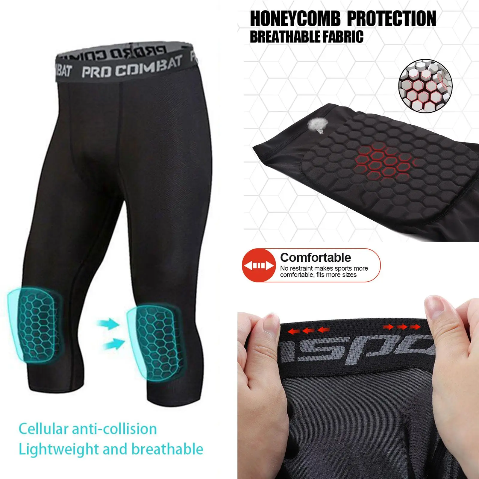 Men's Honeycomb Knee Pads Running Anti-collision Tight Safety Pants Basketball Training 3/4 Leggings Sports Compression Pants