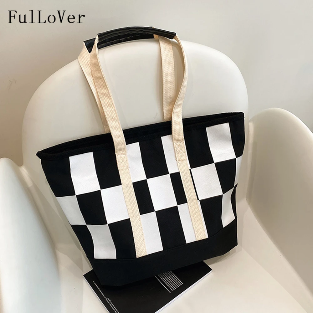 

Shoulder Bags For Women 2022 New Simple Plaid Handbags Tote Bags Large Capacity Canvas Shopping And Travel Bags High Quality Bag