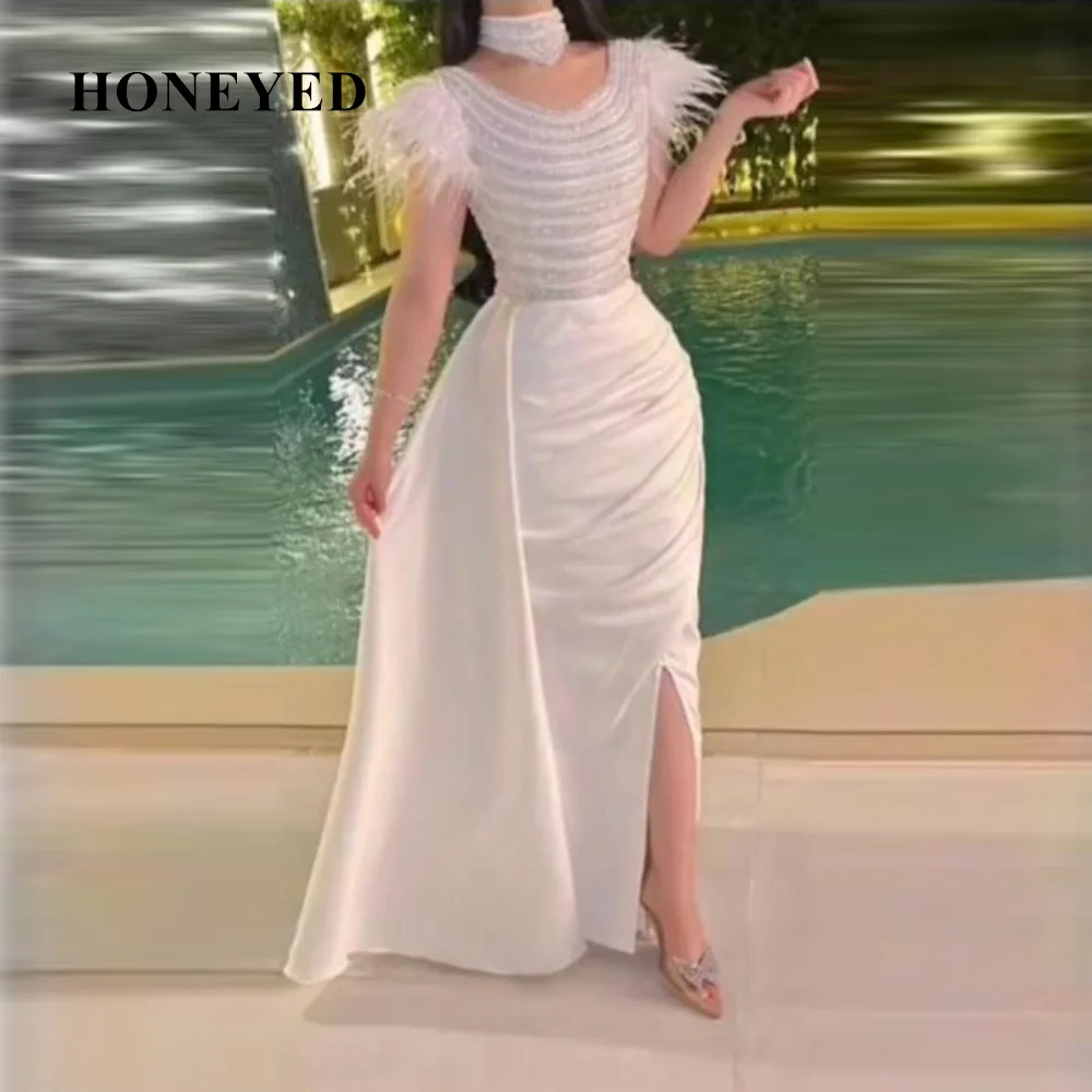 

Honeyed 2023 White Alicerb Mermaid Evening Dress Shine Wedding Party Birthday Dress Side Slit Prom Gowns Short Sleeve