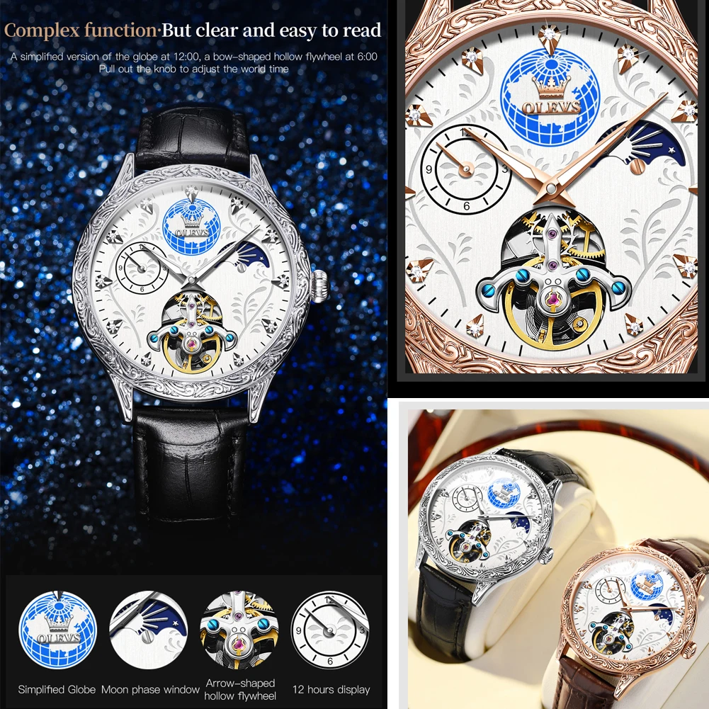 Мужские механические часы-скелетоны OLEVS Moon Phase мужские наручные часы с