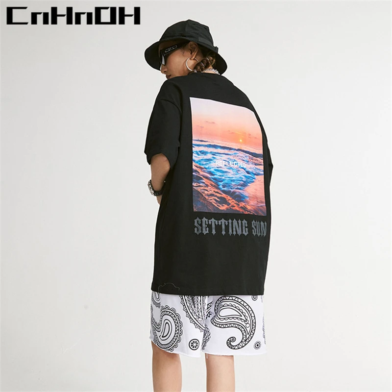 

CnHnOH Spring and Summer New Arrival Fashion All-match Sunset Beach Portrait Printed Women Couple T-shirt A078