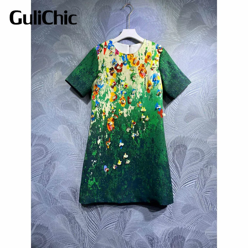 3.23 GuliChic Fashion Graffiti Print Three-Dimensional Decoration Chic Short Sleeve Mini Dress Women