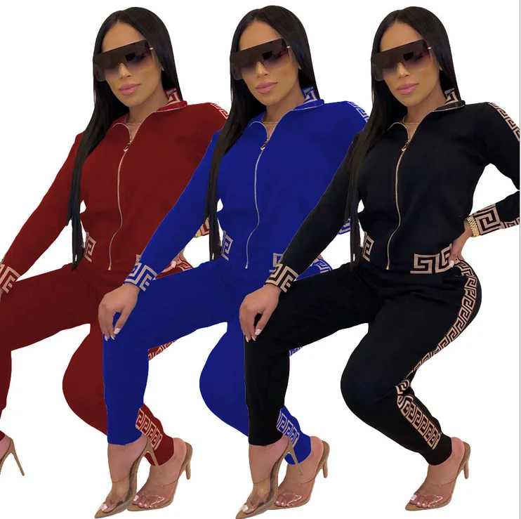 

Tracksuits Women Elegant Two-Pieces Suit Sets Female Stylish Plus Size Greek FF Print Coat & Pant Zip Sets Joggers Women