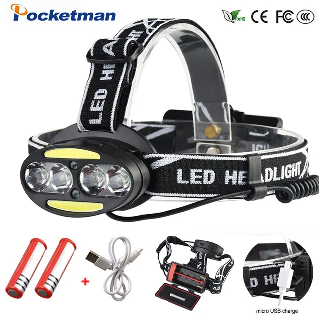 

Most Powerful LED HeadLamp 4* XML- T6 +2* COB Headlight 8000 Lumen Head Lamp Light Lanterna 18650 Battery for Camping Cycling