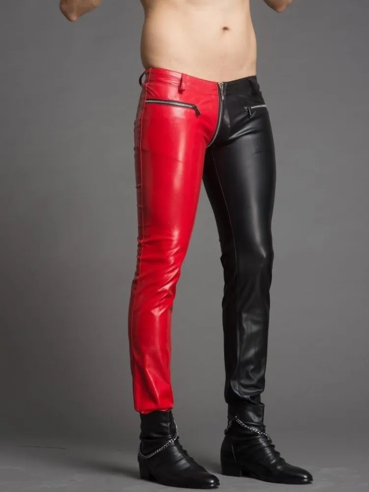 Men's Slim Pants Fashion Personality Red And Black Color Matching Sexy Tight-fitting Leather Pants Zipper Plus Size Men Trousers