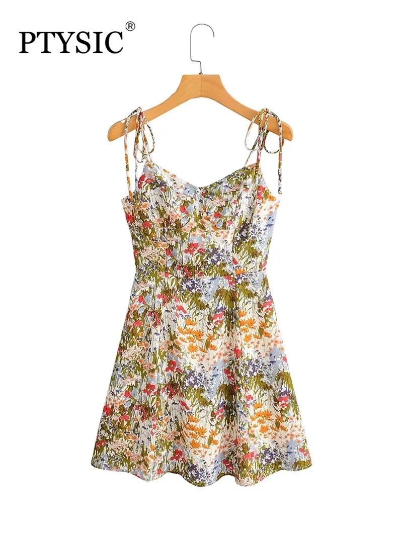 

PTYSIC Women Vintage With Print Strapless Halter Mini Dress 2022 Summer Straps With Tied Back Shirring Elegant Vestidos Mujur