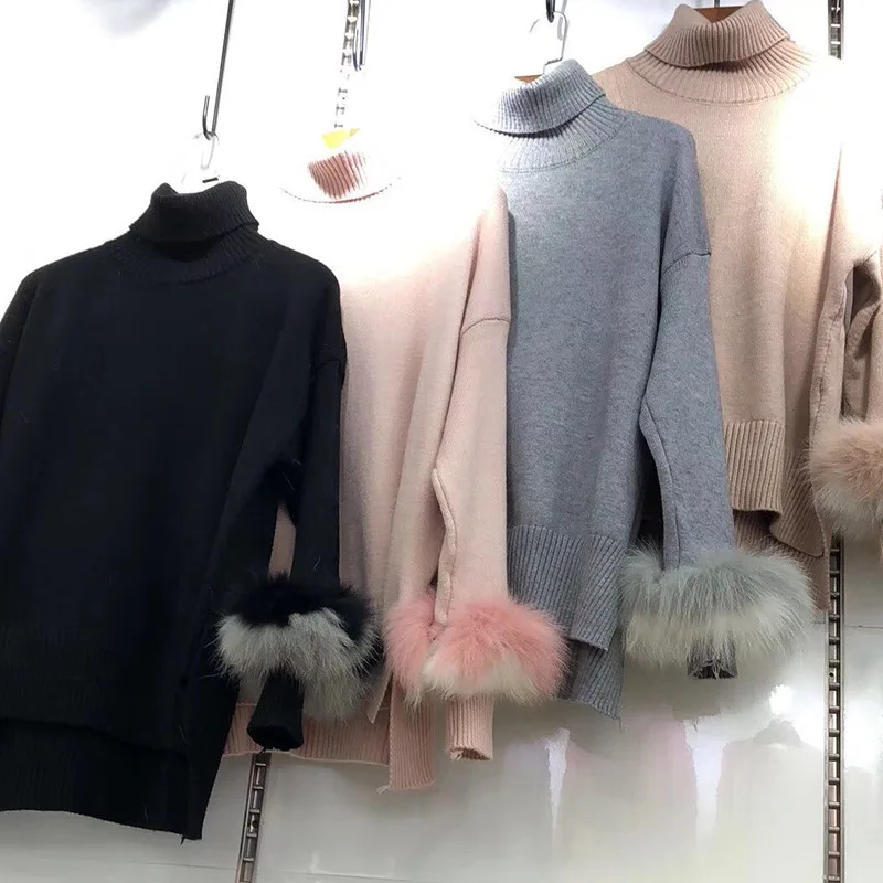 Свитер вязаный с воротником-хомутом и длинными рукавами из искусственного