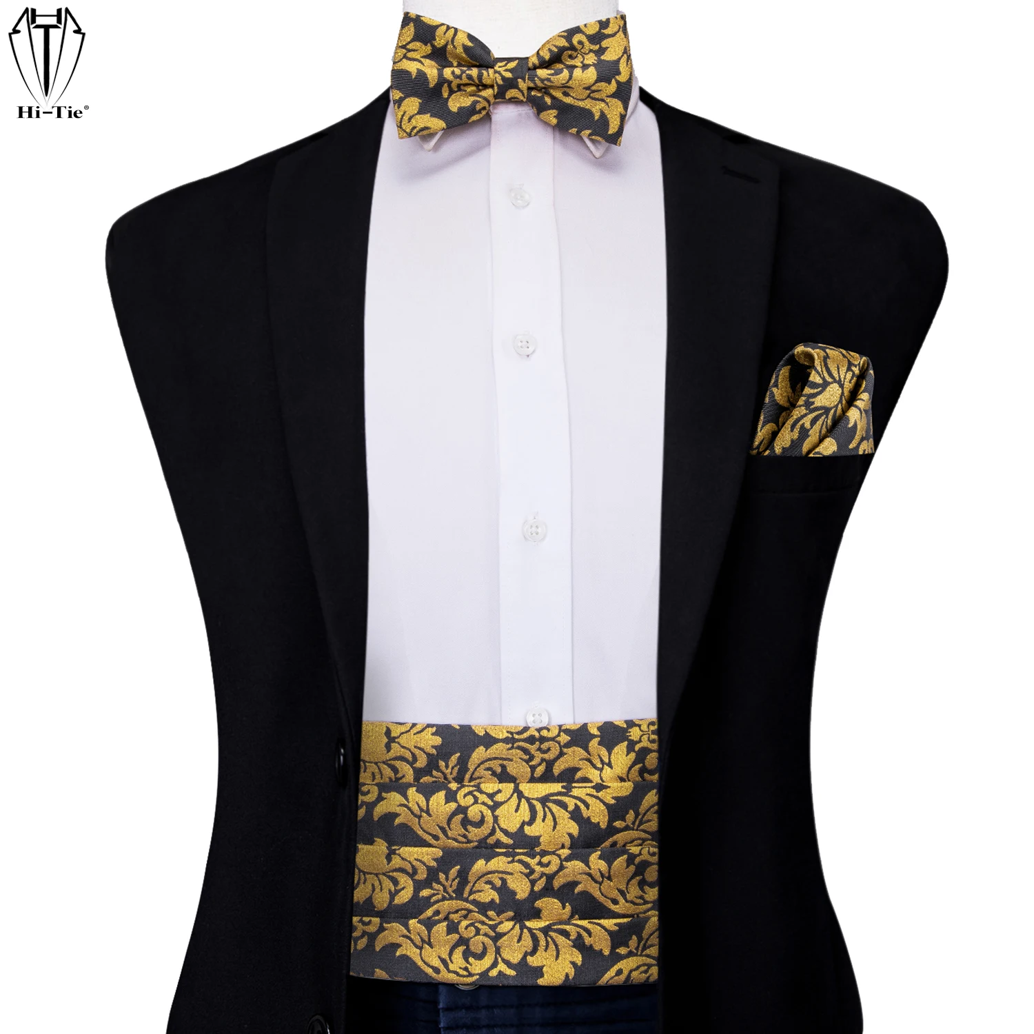 Faja de seda de alta corbata para hombre, vestido Formal Vintage dorado y negro, pajarita de Cachemira, mancuernas, cinturón, corsé, regalo