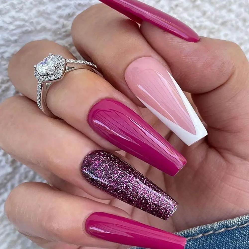 

24Pcs Long Fake Nails Coffin Ballerina French Fake Nails Full Cover Press On Coffin French Acrylic False Nail Glitter Fake Nails