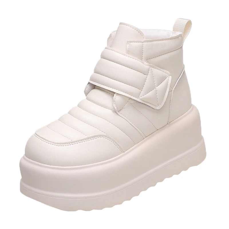 

Women Warm Plush Snow Boots New Winter Waterproof Leather Boots 8CM Heels Chunky Sneakers Thick Fur High Platform Ankle Boots