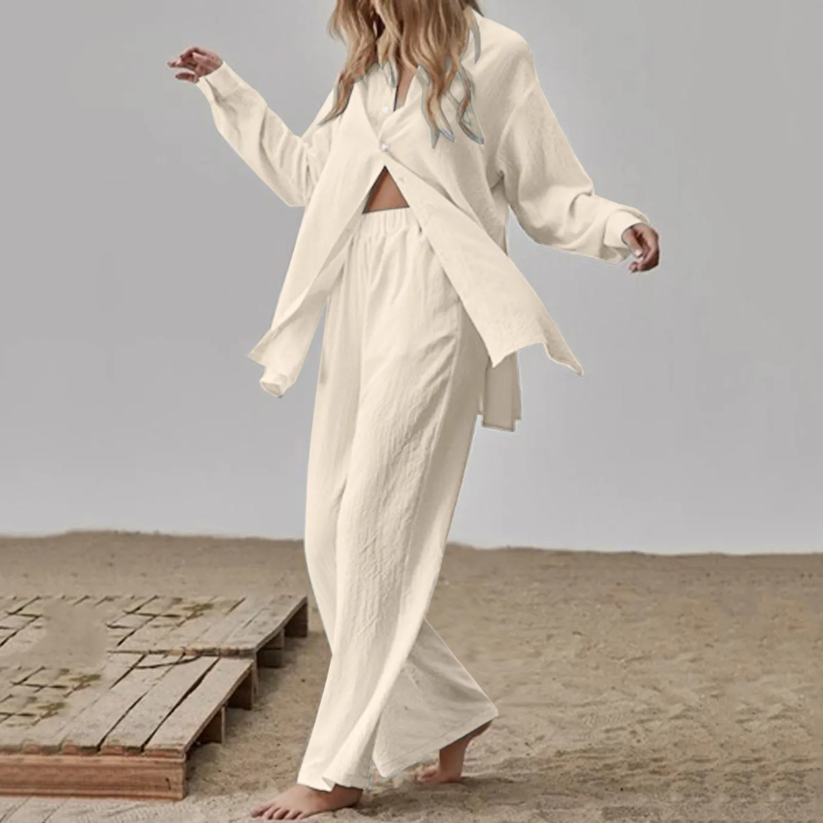 

Vintage Womens Two Piece Suits Solid Color Long Sleeve Button Shirt High Waist Pants Sets Female Casual Loose Streetwear