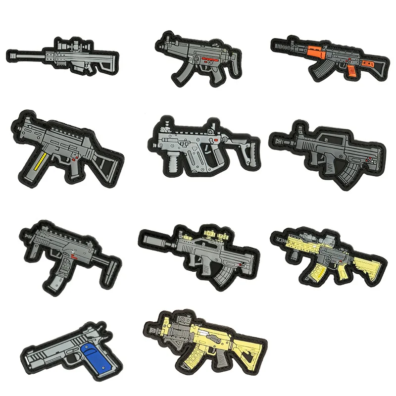 

Различные огнестрельные 3D модели из ПВХ, резиновая нашивка на липучке, Пистолетная винтовка, пистолет-автомат, мультяшное оружие, вышивка, декоративные аппликации