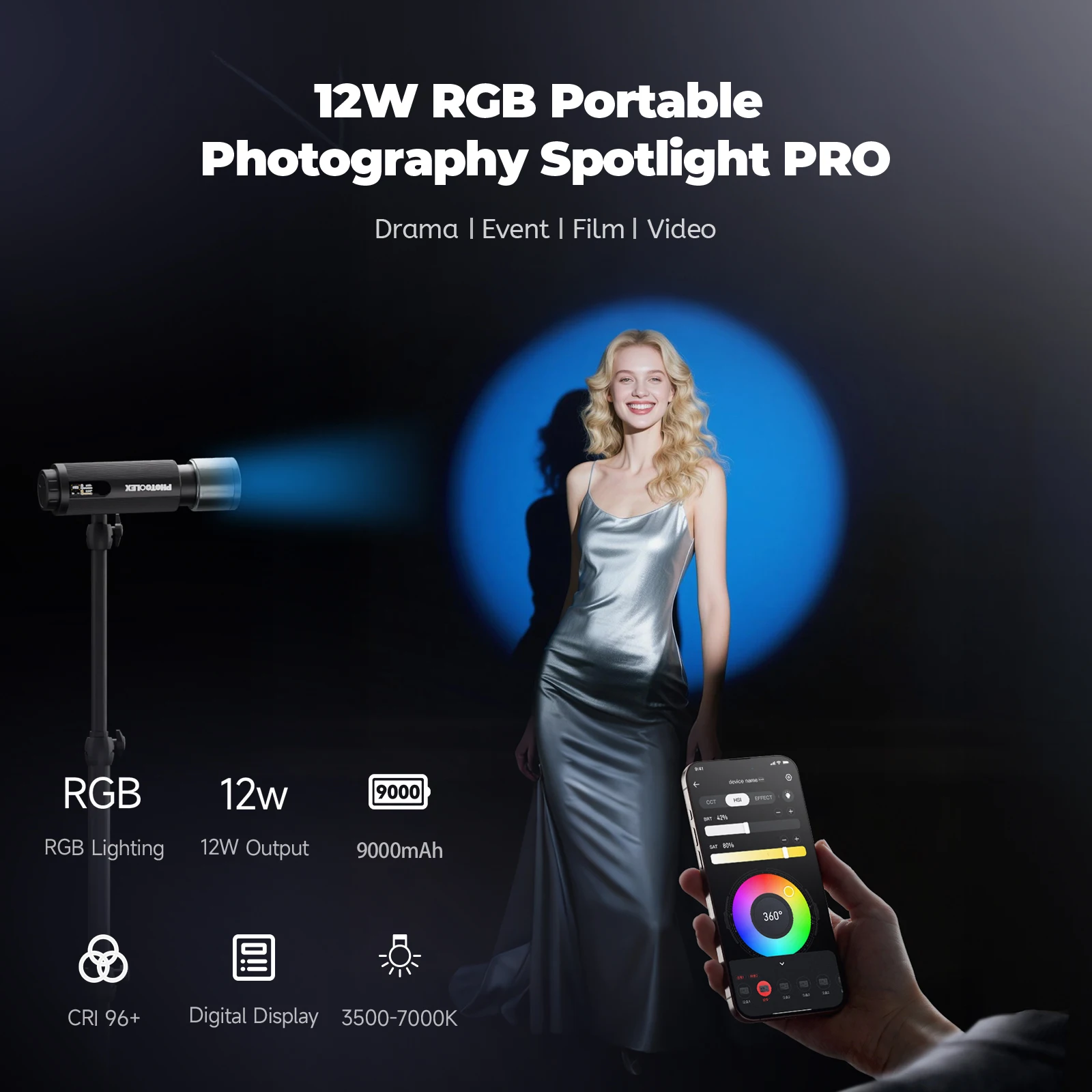 Фото PHOTOOLEX 12W Портативный RGB-прожектор для фотосъемки 360° °   Полноцветный портативный светодиодный видеосветильник Gobo 9000 мАч с управлением через приложение №2