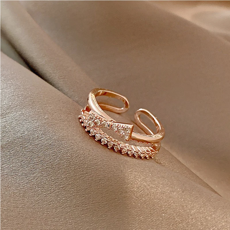 

Luxury Shiny Bow Double Layer Rings Set Zircon Open Adjustable Rings Women's Fashion Jewelry Accessories Valentine's Day Gifts