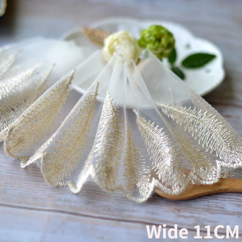 

11CM Wide Luxury Golden Feather Tulle Mesh Embroidery Fringe Ribbon Lace Trim Wedding Dress Headveil Sewing Guipure Fabric Decor
