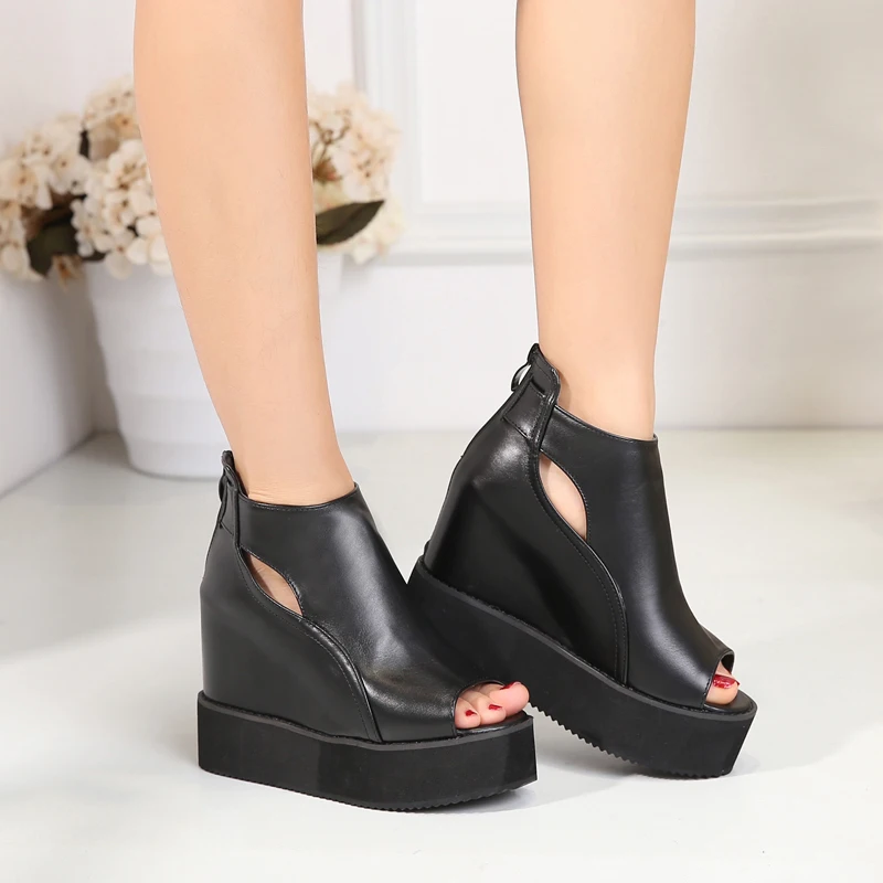 

11cm Summer Sandals Platform High Heels Back Zipper Open Toe Wedges Shoes For Women Black Hollow Out Wedge Sendale Femme