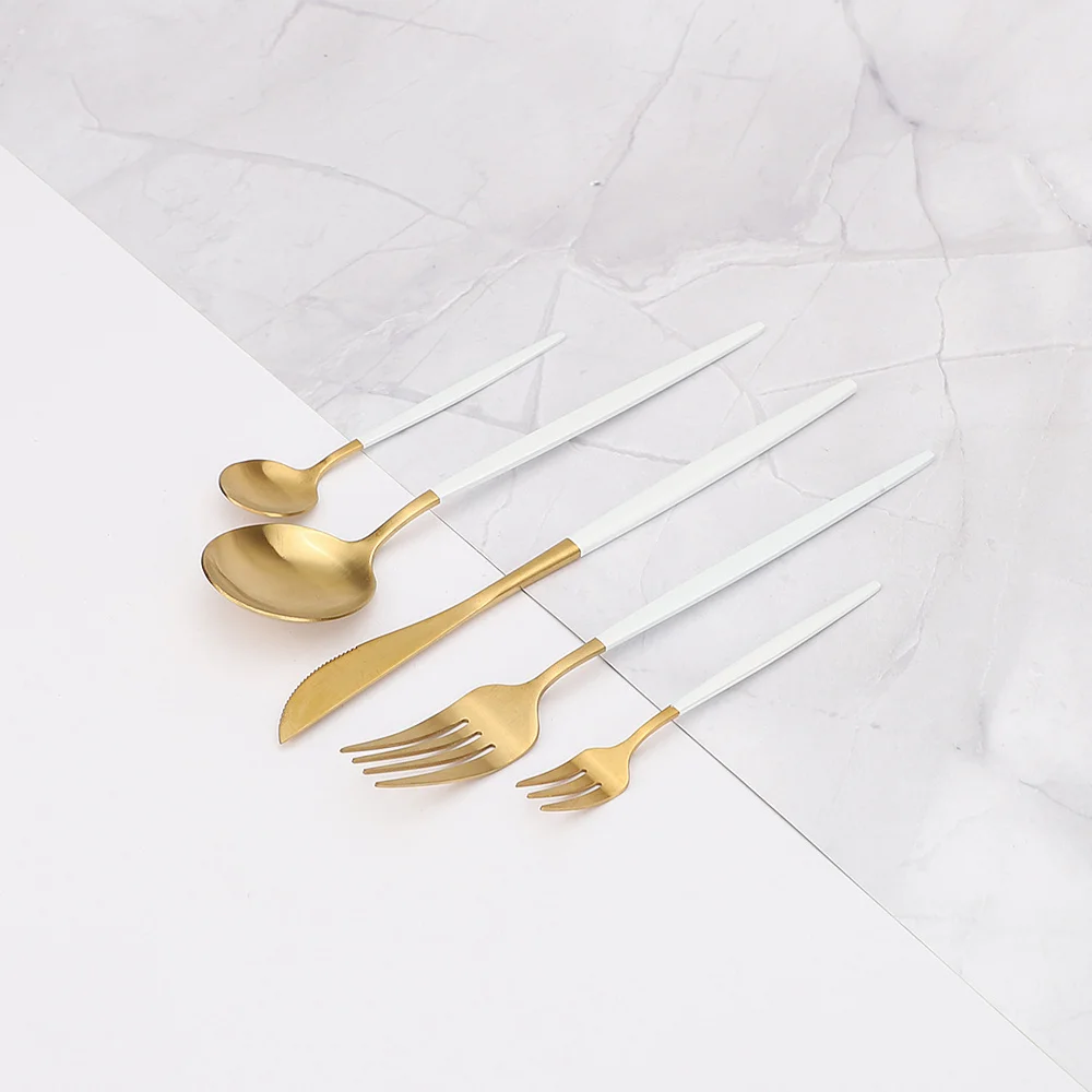 

5Pcs Stainless Steel Cutlery Tableware Set Matte White Handle Gold Kitchen Utensils Dinnerware Flatware Forks Knives Spoons Set