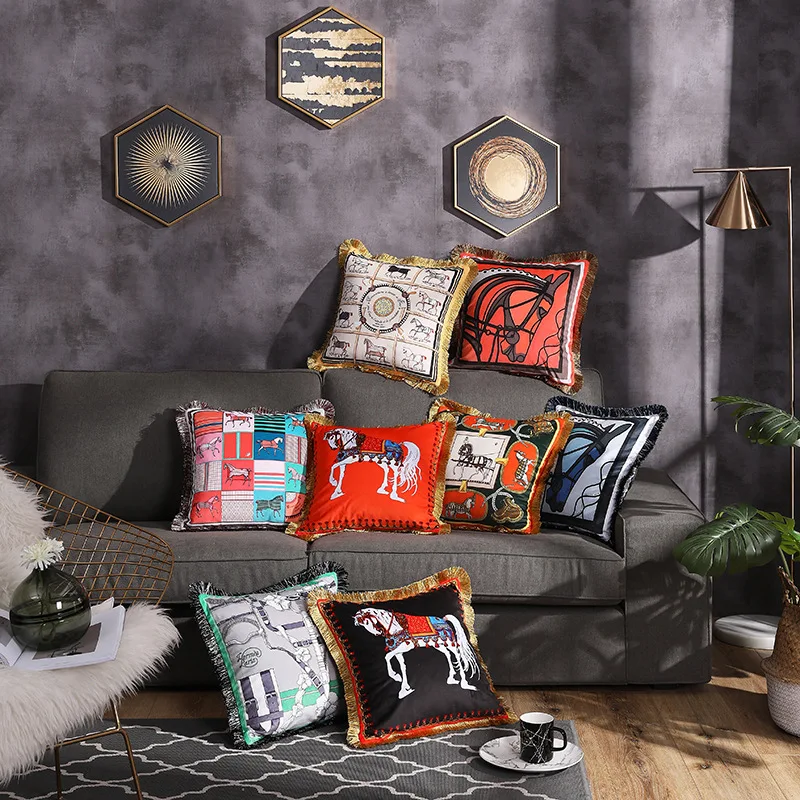 

European Style Luxury Velvet Horse Print Tassel Sofa Cushion Cover Pillowcase Office Car Living Room Throw Pillow Cover Case