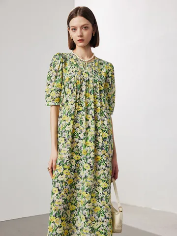 Платье SuyaDream женское с цветочным принтом, платье средней длины из 100% натурального шелка с круглым вырезом, одежда желто-зеленого цвета для весны и лета, 2024