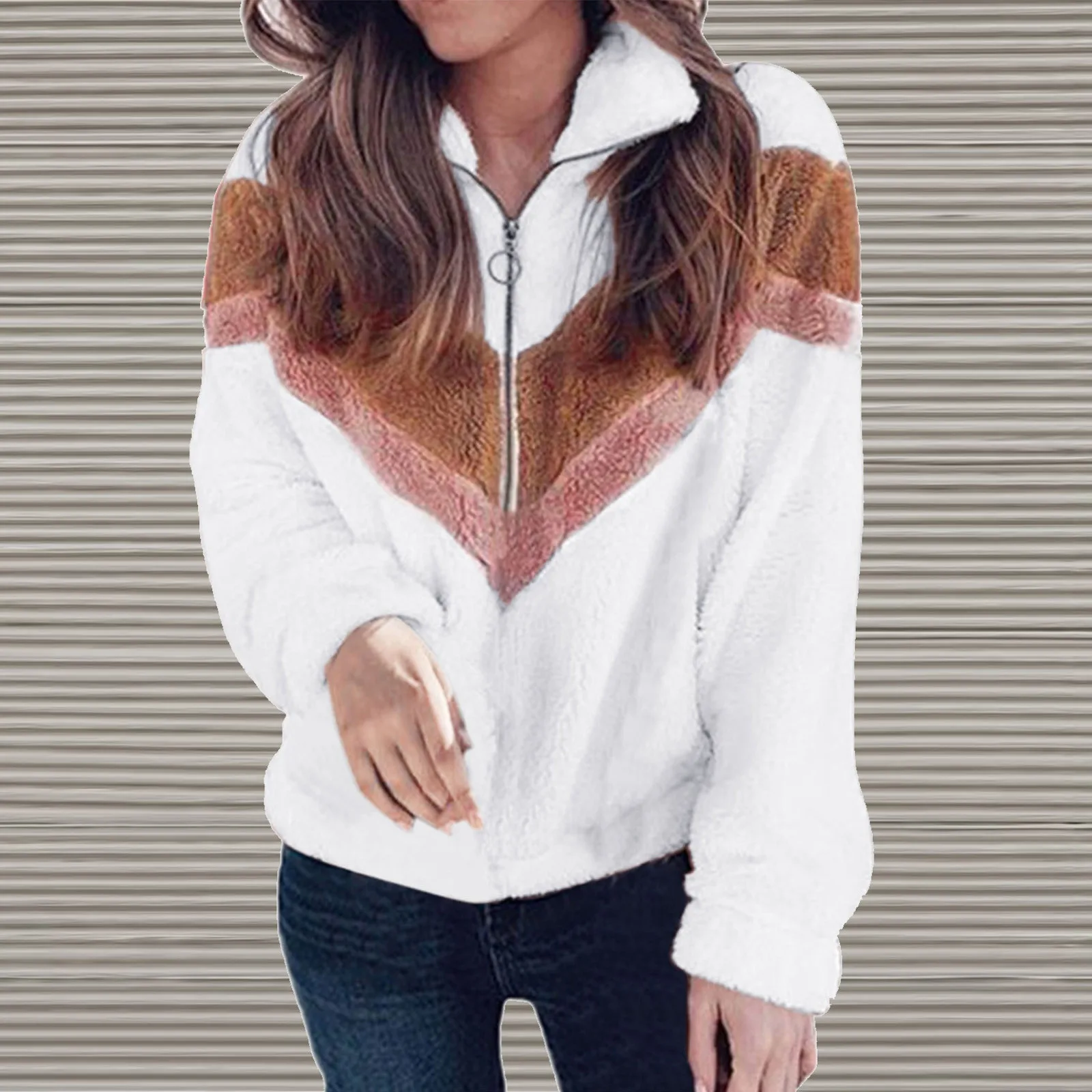 

Women Patchwork Half Zipper Fuzzy Fleece Long Sleeve Sweatshirt Pullover Tops Clothe Sweatshirt Black Oversized Sweatshirt Women