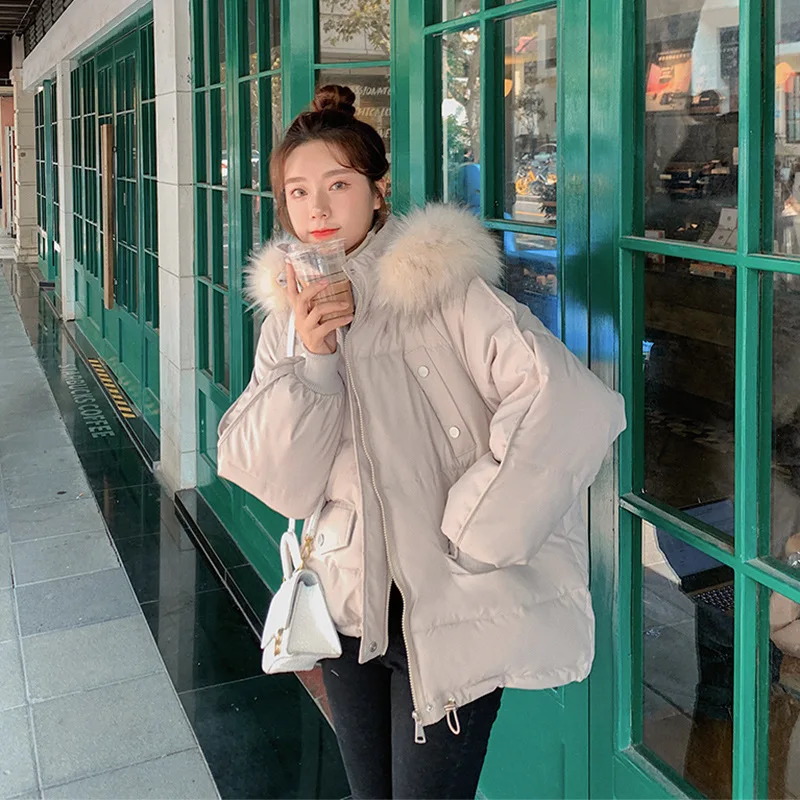 Women Loose Short Big Furry Collar Down Jacket Casual Commute Winter Clothing Solid Colors Overcoats Winter Warm Hooded Parkas