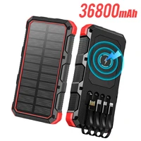 waterproof solar power bank 36800mah built in cable wireless charger powerbank for iphone 13 samsung xiaomi poverbank with light